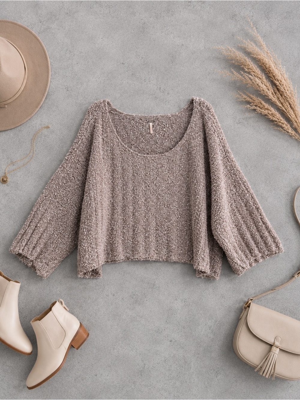 Free People Sweater Boucle Knit Oversized Medium Mauve Boho Slouchy Top